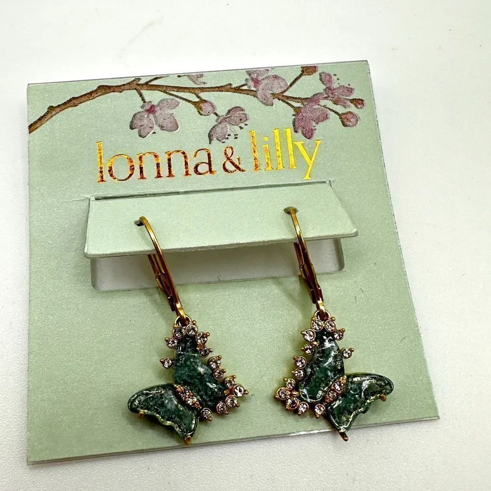 NWT lonna & lilly butterfly and rhinestones in gold tone dangle earrings!‎